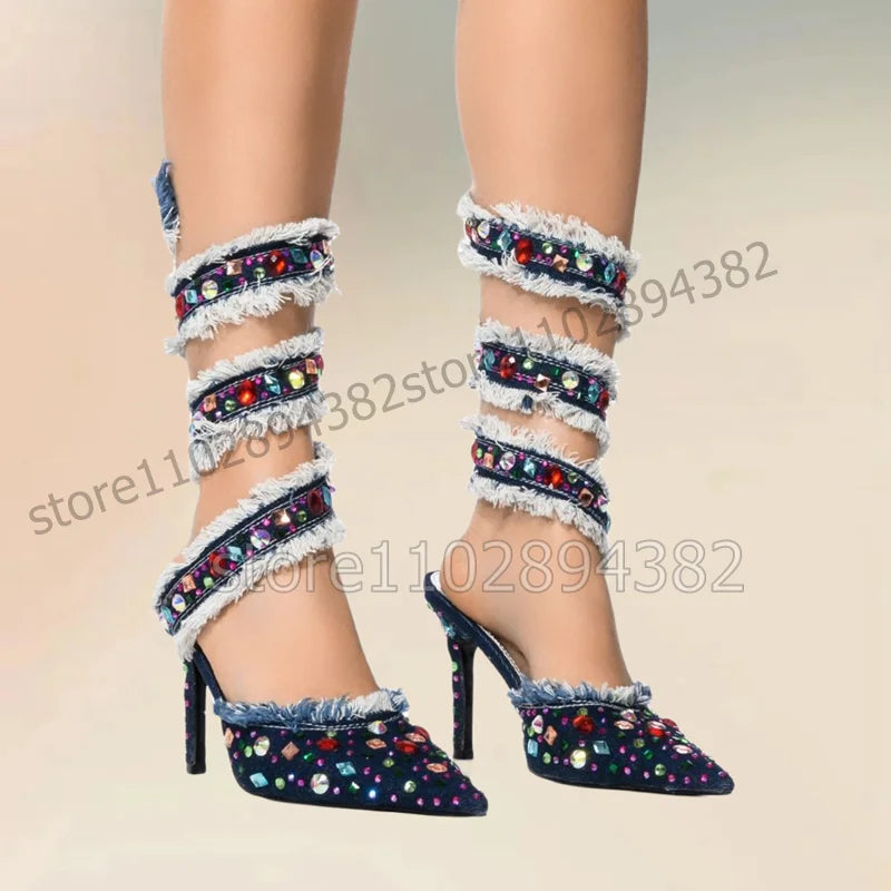 Blue Denim Ruffles Colorful Crystal Decor Twine Pumps Slip On Women Shoes Thin High Heels Pointed Toe 2023 Zapatos Para Mujere