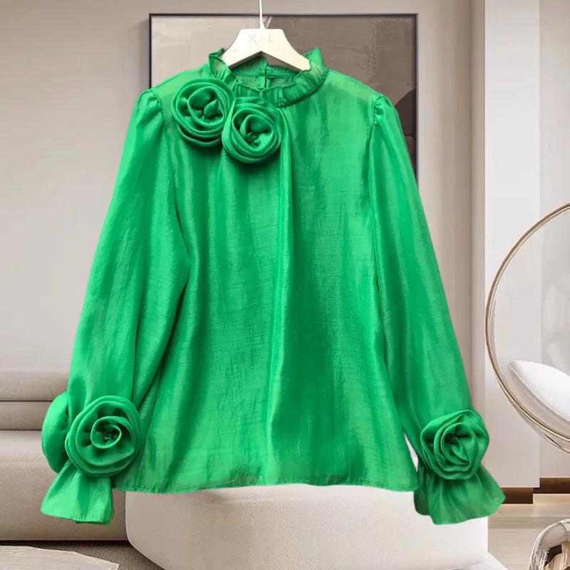 EWQ Three-dimensional Flower Stand Solid Color Chic Design Sweet Style And Youth Woman Blouses Spring Summer 2024 New 17G5206