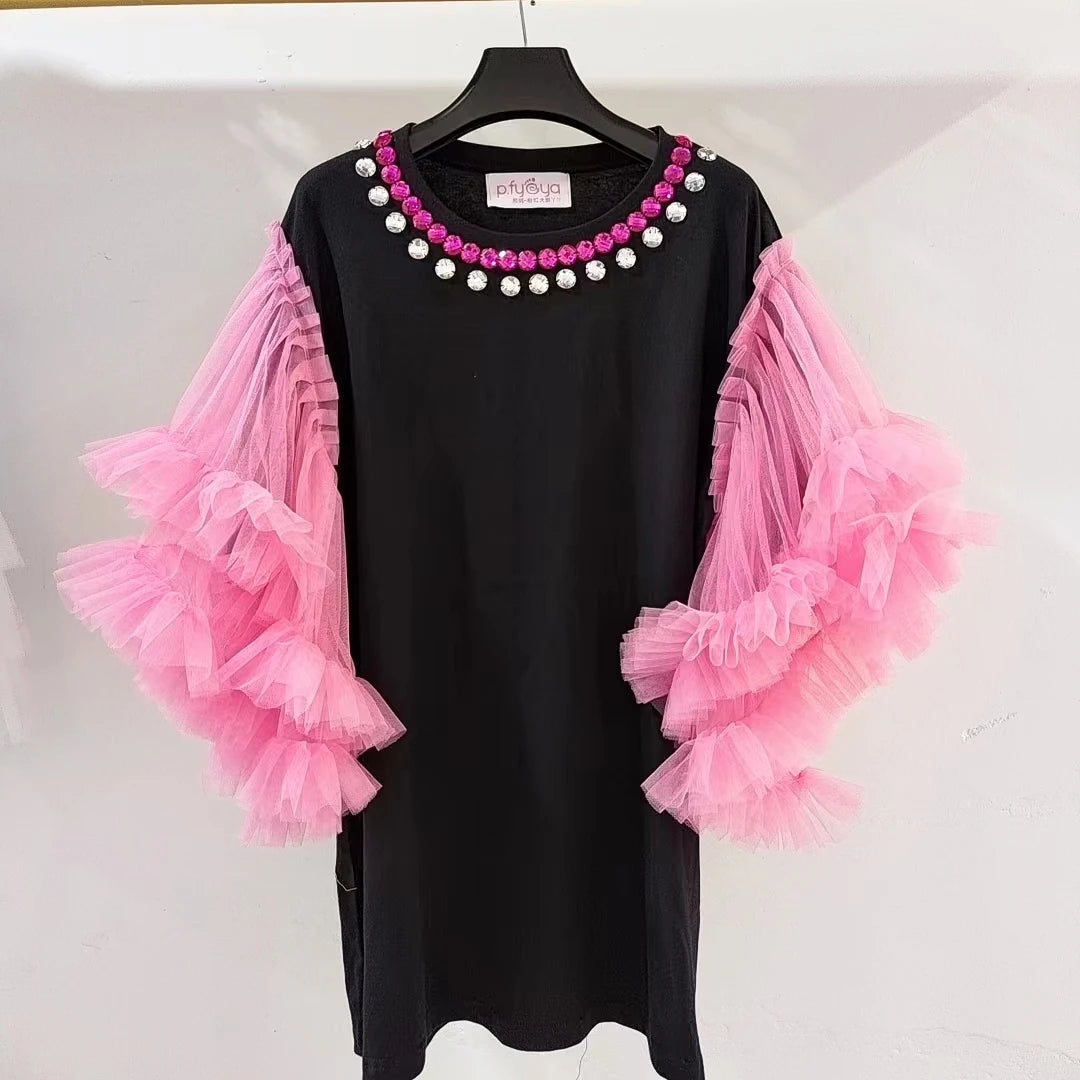 Woman Mesh Spliced Ruffles Flare Sleeve Rhinestone T-Shirts Gauze Patchwork Ruched Diamonds Beaded Tees Bat Sleeves Jumpers Tops