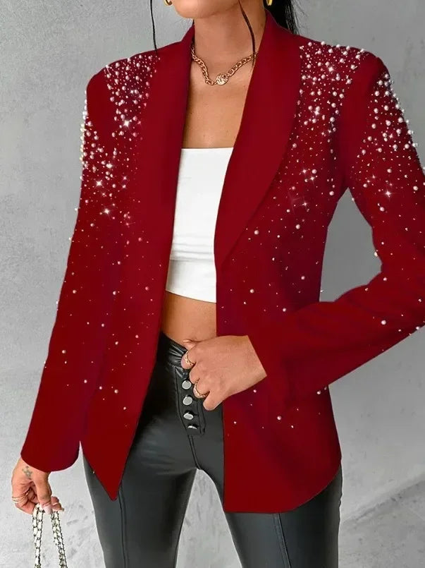 2025Women's Blazer Autumn Fashion Beaded Elegant Temperament Shawl Collar Plain Long Sleeve Work Blazer Coat Office Lady Blazers