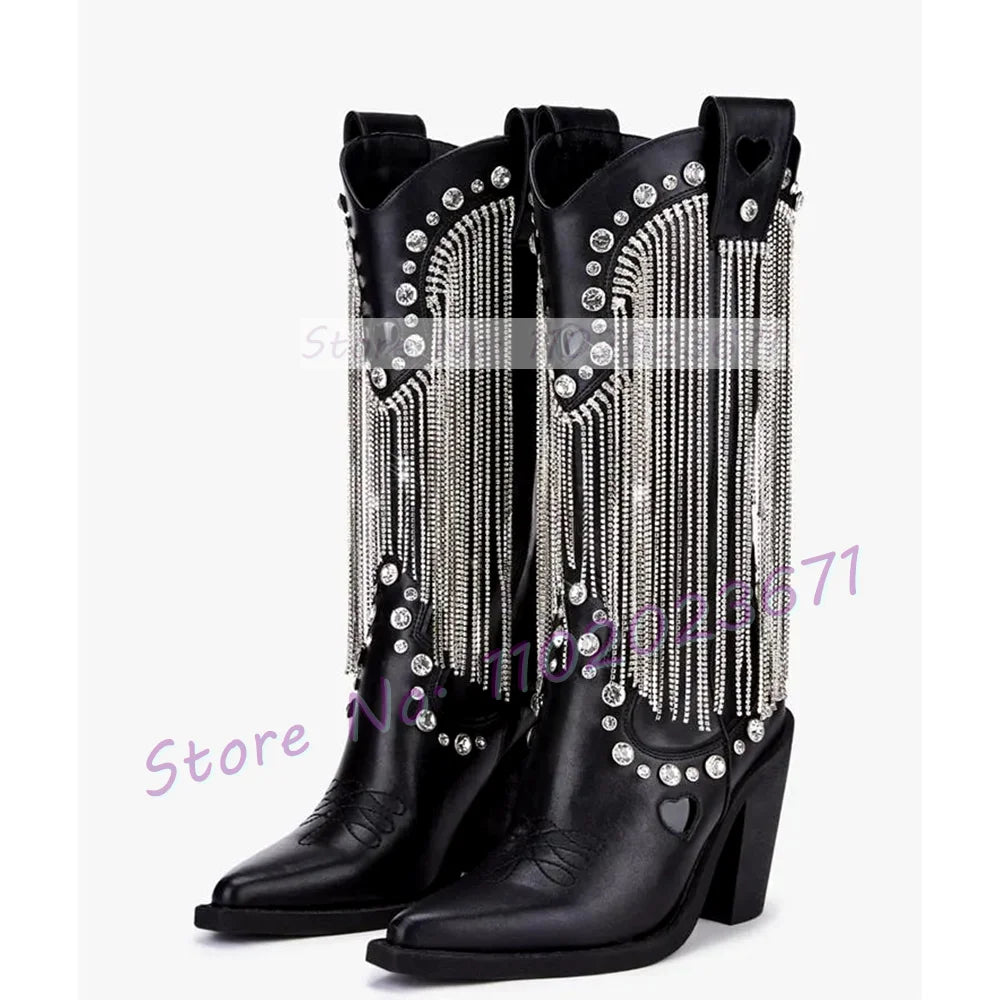 Diamond Fringes Pink Western Boots Women Sparkly Block High Heels Crystal Trim Shoes Ladies Winter Pointed Toe Knee High Boots