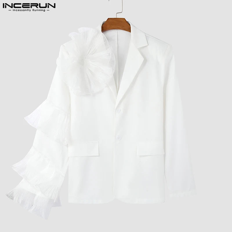 INCERUN Casual Long Sleeved Blazer 2024 Men Handsome Open Up Suits Patchwork Elegant Fashion Coats Fold Mesh Splicing Jackets