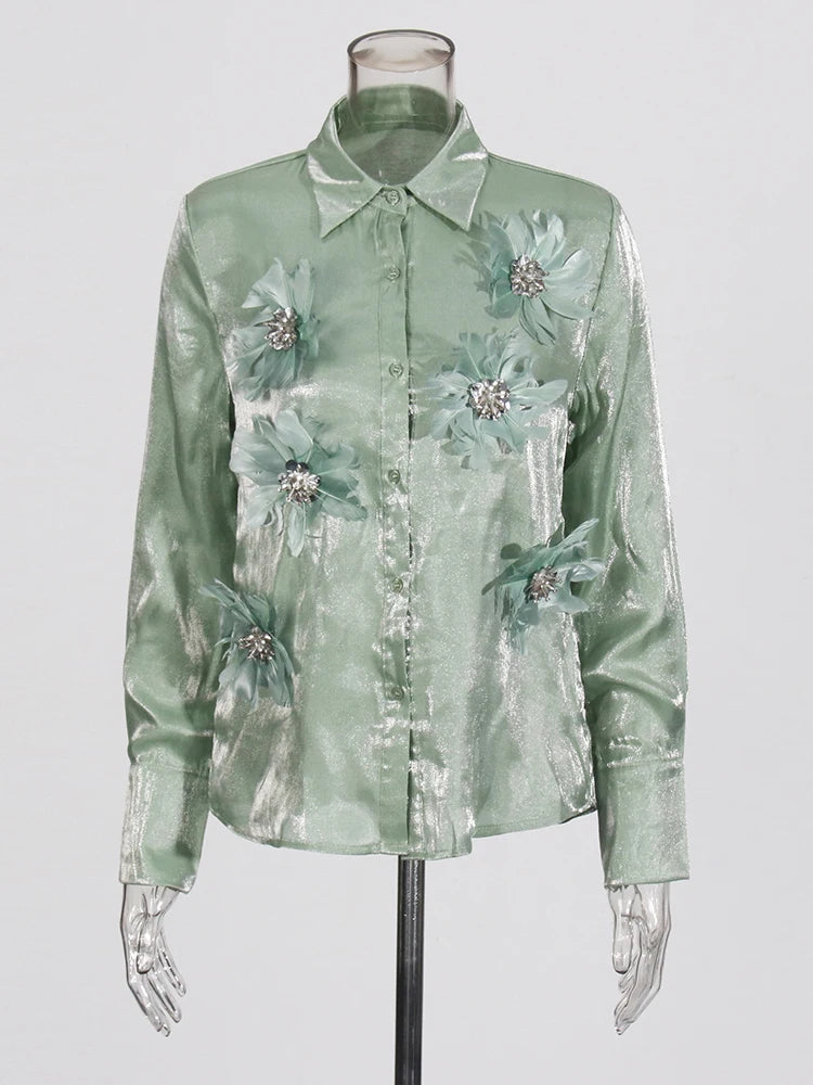 Elegant Sheer Floral Embellished Button-Up Blouse