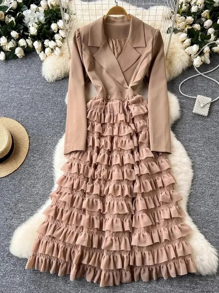 Women Vintage Evening Party Dress Spring Autumn Lapel Long Sleeve Patchwork Mesh Layered Dresses Ladies Elegant Long Robe