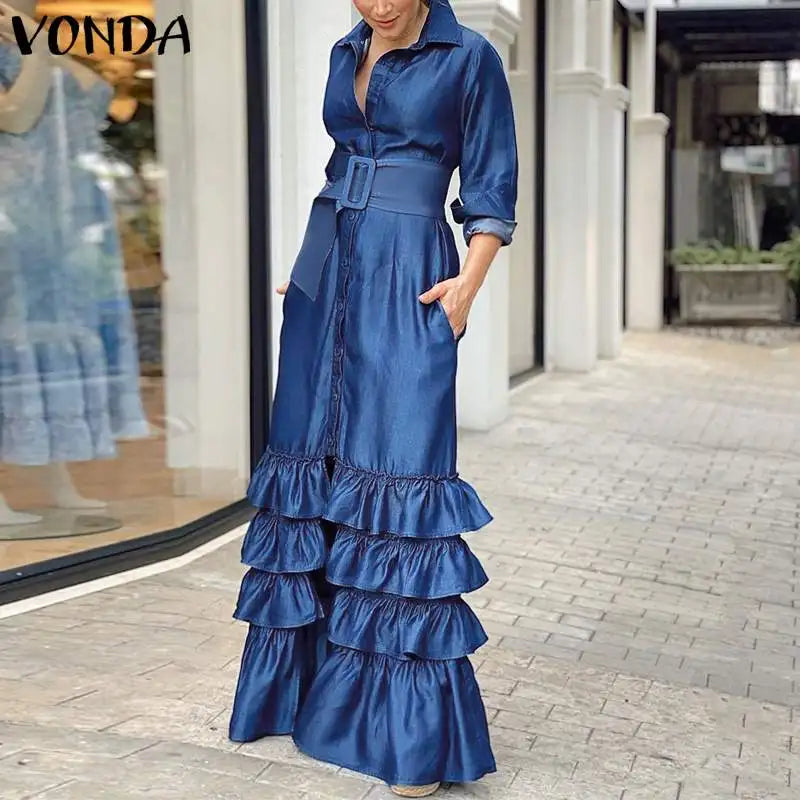 VONDA Autumn Elegant Shirt Dress 2023 Women Party Maxi Dresses Ladies Long Sleeve Solid Lapel Button Belted Elegant Long Vestido