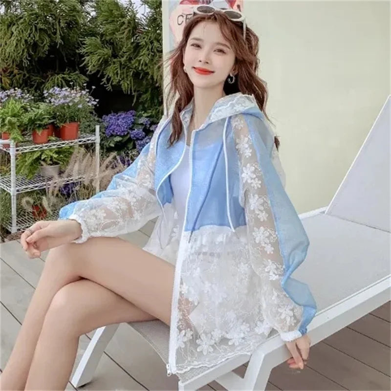 Design Contrast Hooded Thin Coat Sun Protection Clothing 2024 Summer New Women's Embroidered Mesh Cardigan Top Female