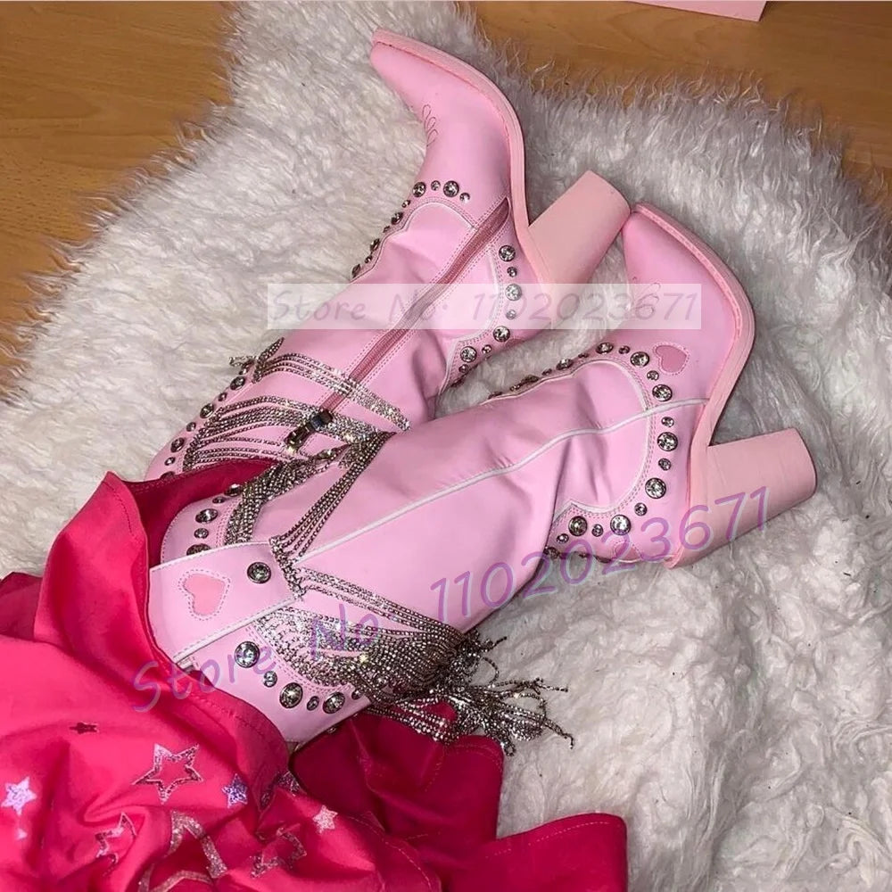 Diamond Fringes Pink Western Boots Women Sparkly Block High Heels Crystal Trim Shoes Ladies Winter Pointed Toe Knee High Boots