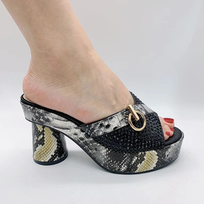 Fashionable Top Italian Designers 2023 Luxury Round Toe  Bright Diamond Snake Print Summer Women's Shoes With High Heels