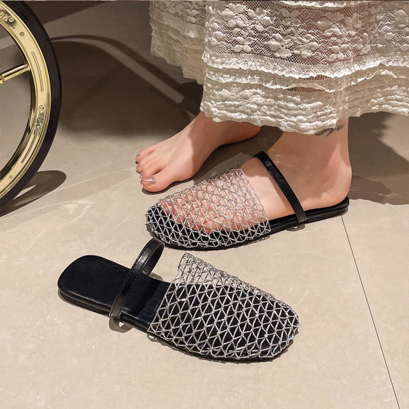 Crochet Net Mule Slippers Woman Chic Brand Design Mesh Flat Sandals Ladies Summer Elegant Hollow Out Fishnet Shoes