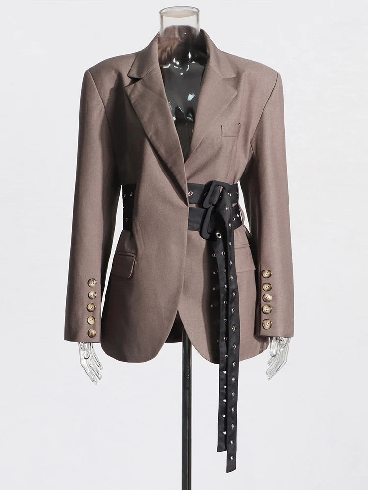 ROMISS Solid Temperament Spliced Belt Blazer For Women Notched Collar Long Sleeve Patchwork Button Elegant Blazers Female