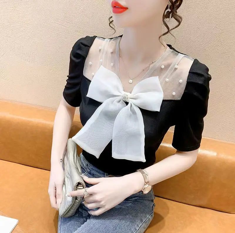 Sweet Summer Tees Women's T-shirt Fashion Beading Bow Splicing Mesh V-neck Short Sleeve Top Slimming Party T-shirt 2025 New