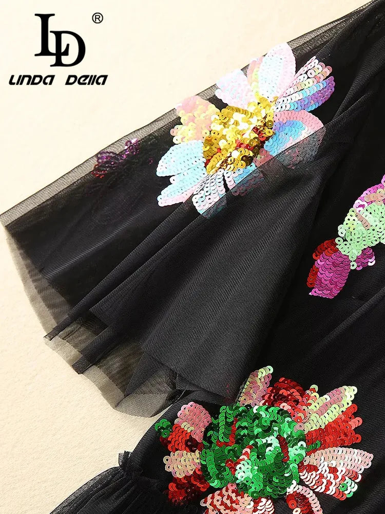 LD LINDA DELLA New 2024 Women Summer Fashion Runway Balck Party Dress Short Sleeve Flower Sequined Ladies Slim Long Dresses