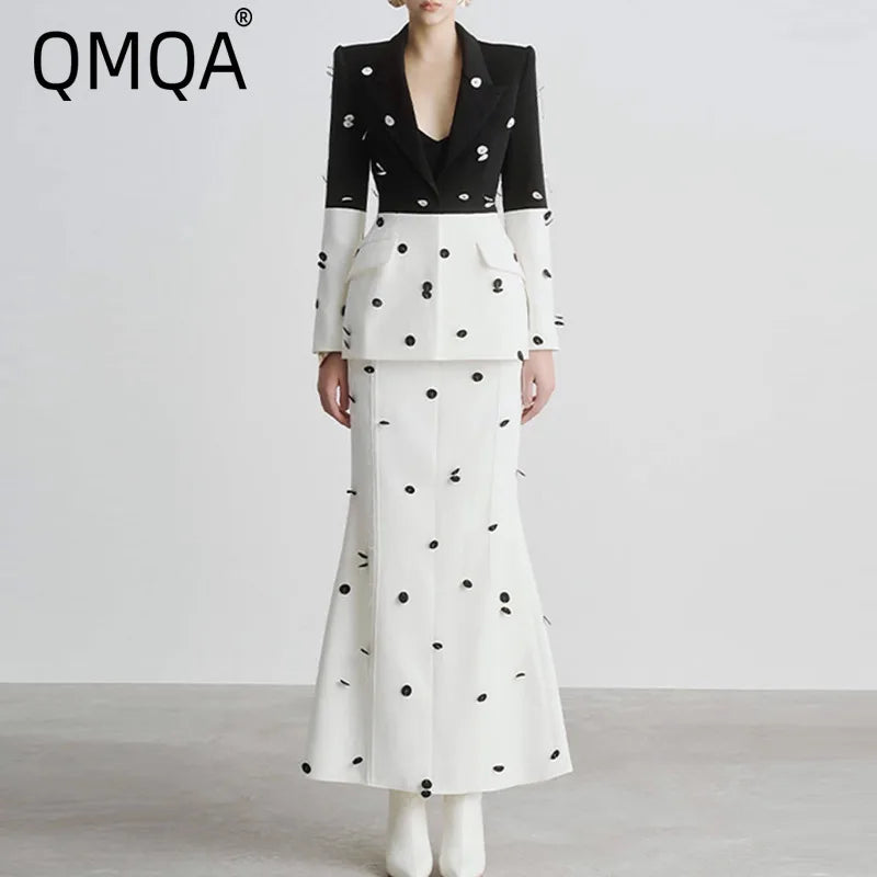 QMQA Fashion Women's Sequins Beads Spliced Design 2 Pcs Sets Notched Long Sleeve Blazer High Waist Skirts Sets Autumn New 1A715