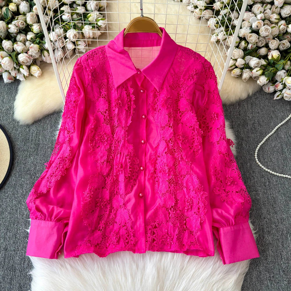 TWOTWINSTYLE Spliced Lace Chic Shirts For Women Lapel Long Sleeve Patchwork Single Breasted Minimalist Blouse Female KBL518109