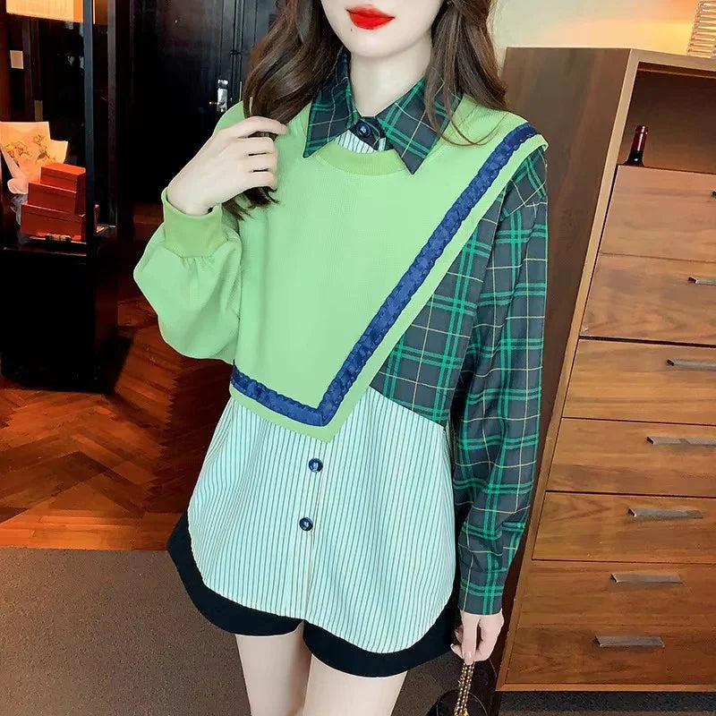 Spring Autumn Fashion Color Matching Fake Two-Piece Polo Neck Shirt Women's Korean Casual All-Match Chic Loose Blouse Female Top