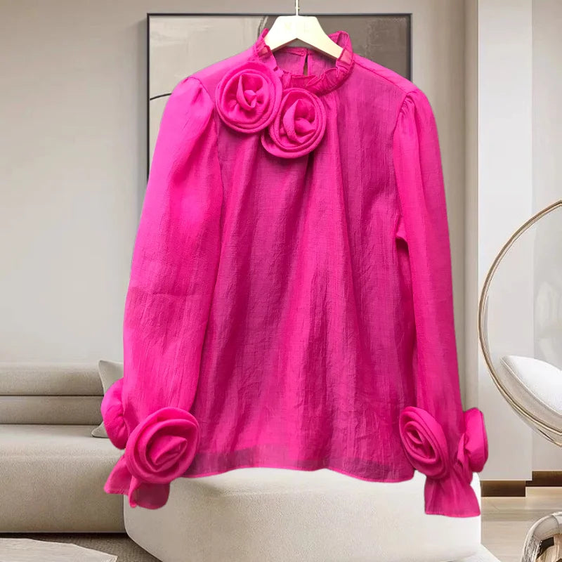 EWQ Three-dimensional Flower Stand Solid Color Chic Design Sweet Style And Youth Woman Blouses Spring Summer 2024 New 17G5206