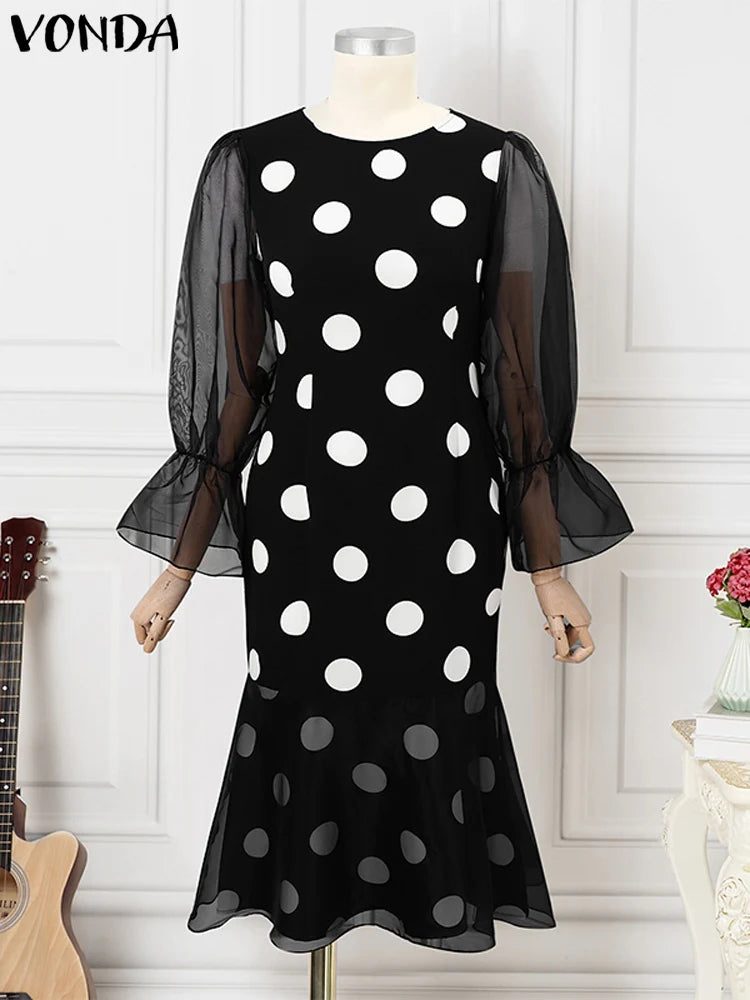 Plus Size VONDA Women Well Fitting Midi Dress Casual Long Sleeve Robe O-neck Polka Dots Elegant Lace Patchwork Bohemian Vestidos