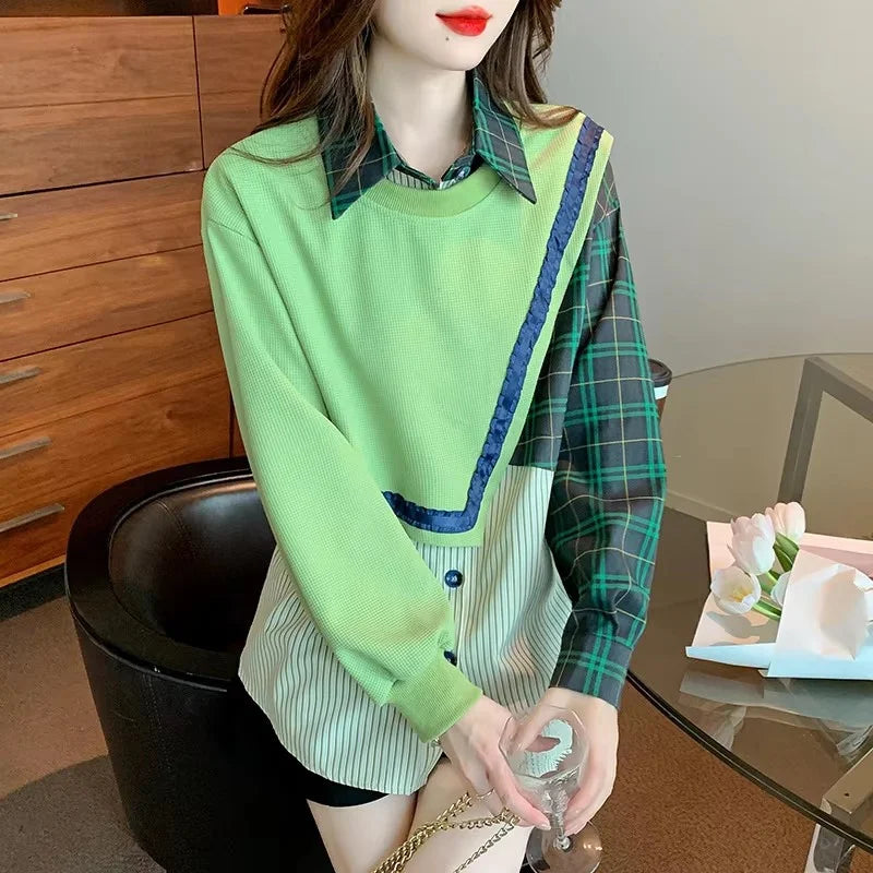 Spring Autumn Fashion Color Matching Fake Two-Piece Polo Neck Shirt Women's Korean Casual All-Match Chic Loose Blouse Female Top