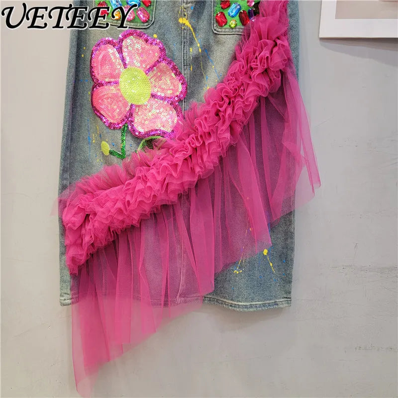 Heavy Painting Beaded Sequins Flower Stitching Beveled Mesh Skirt Women's Niche Design All-Matching Jeans Mid-length Skirt