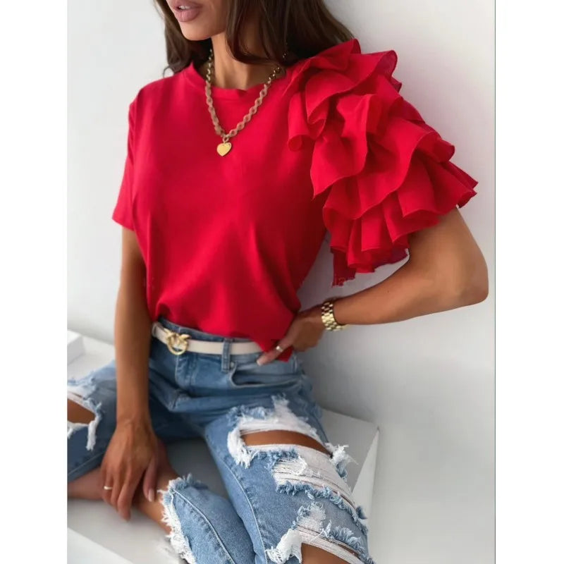 Elegant Mesh Ruffles Short Sleeves Loose T-Shirt Women's Casual O Neck Solid Basic Versatile Tops Chic Streetwear T-Shirt Blouse