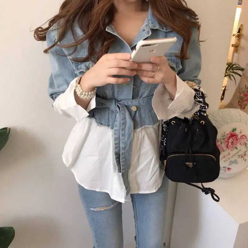 Wholesale South Korea 2024 Autumn Shirt Stitching Light-colored Old Two-piece Waist-strap Personalized Denim Jacket