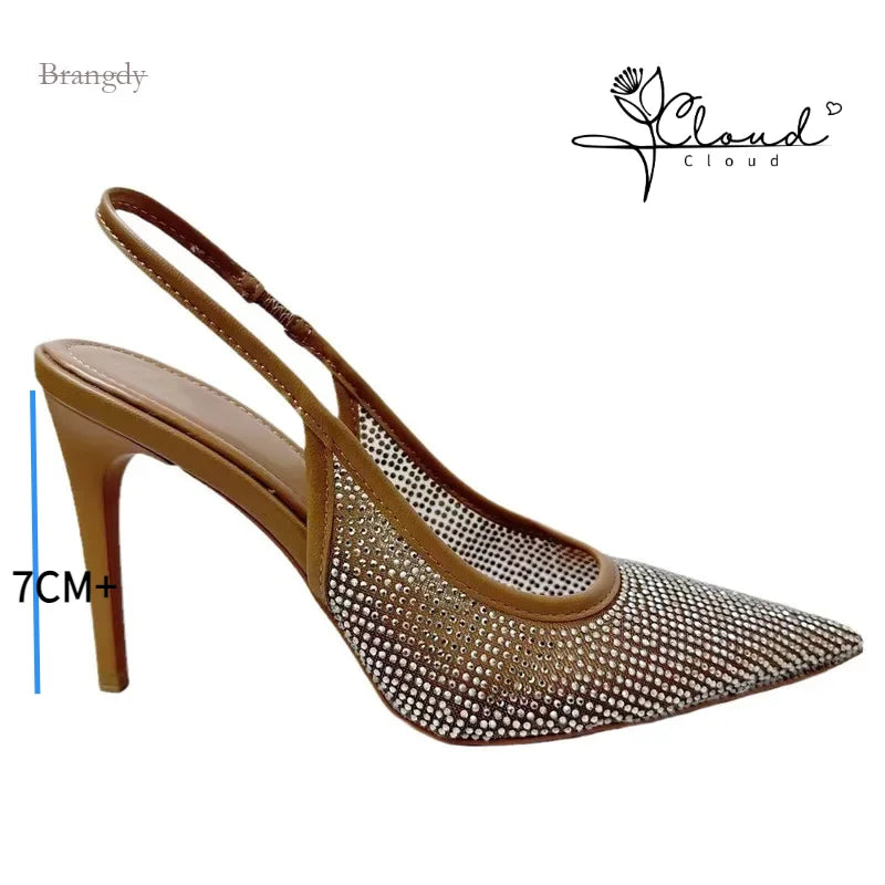 Concise Spring New Product Women's Shoes Brown Fashionable Bright Mesh Open Pointed High Heel Sandals for Women Atmosphere