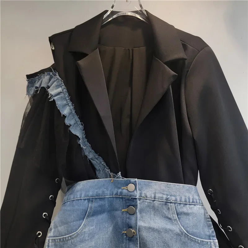 Women Irregular Hollow Out Spliced Lace Ruffles Suit Jacket Mesh Ruched Blazer Coat Cardigan Lace Up Sleeve Tops with Denim Belt