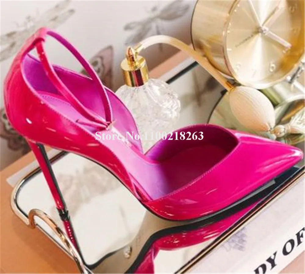 Women Elegant Patent Leather Thin Heel Cut-out Pumps Sexy Pointed Toe Brown Pink Black Ankle Strap Stiletto Heel Dress Shoes