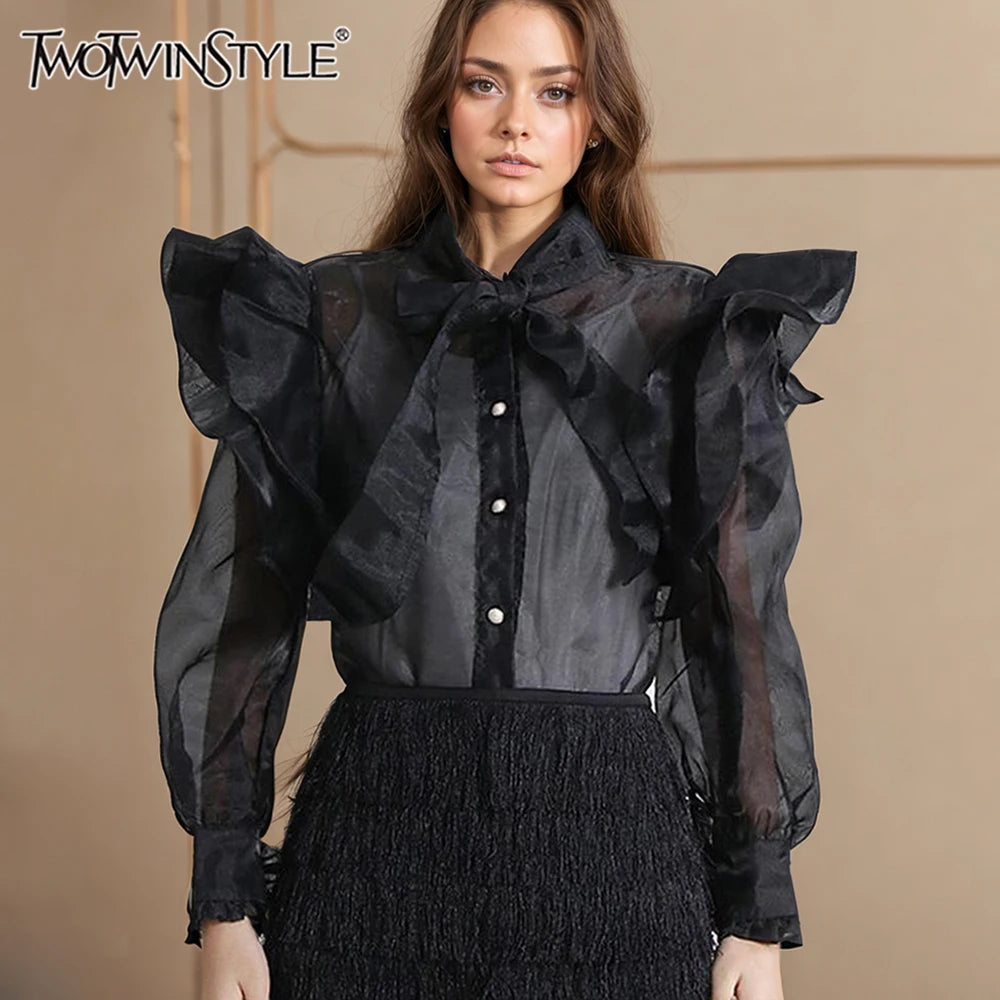 TWOTWINSTYLE Solid Patchwork Ruffles Chic Shirt For Women Stand Collar Long Sleeve Spliced Bowknot Temperament Blouse Female New