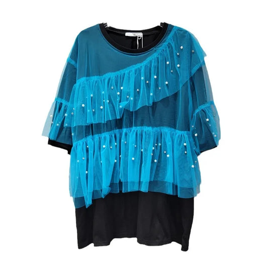 Women Diamonds Beaded Splicing Mesh Ruffles Fake Two Piece T-shirts Gauze Patchwork Pleated Pearls Beaded Tees Jumper Crop Tops