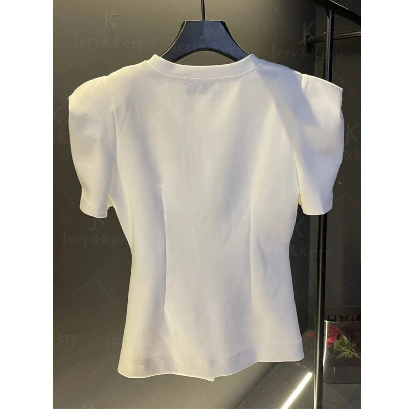 Clothes for Women 2024 New Summer Elegant Chic White 3D Flower Beaded Design T-shirt Fashion O Neck Short Sleeve Slim Split Tops