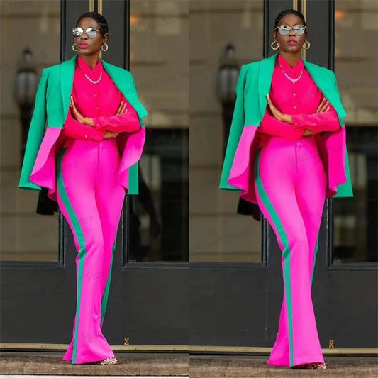 Barbiecore Pink Women Suit Pants Set Blazer+Trousers 2 Pieces Splicing Color Single Breasted Wedding Tuxedo Tailored Jacket Coat