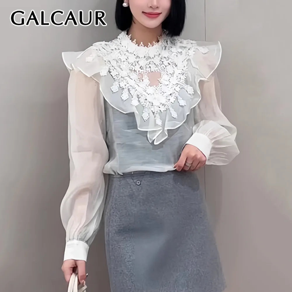 GALCAUR Solid Spliced Ruffles Fashion Blouses for Women Round Neck with Lace Long Sleeve Patchwork Zipper Shirts Female Autumn