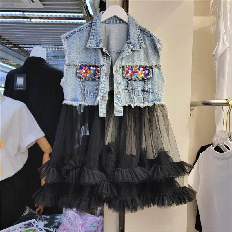 Blue Dark Grey Rivet Diamonds Denim Vest Women Slim Cowboy Waistcoat Mesh Splicing Mid Long Sleeveless Jeans Jacket Coat Female