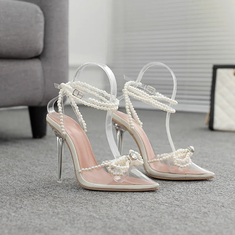 Summer Pointed Crystal Fairy Ladies Wind Sandals Rhinestone Butterfly-knot Transparent High Heel Women Sandals Fashion Shoes