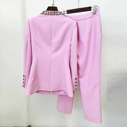 Luxury 2025 Spring Crystal Pants Suits Two Piece Sets Women's Blazers Long Trousers Pink Suit Coats Wide Leg Pants 2pcs Outfits