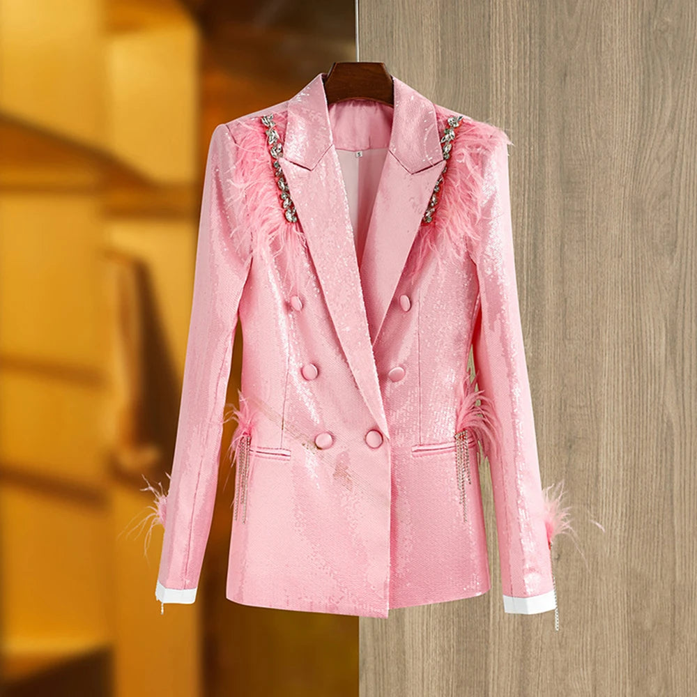 TWOTWINSTYLE Solid Slimming Spliced Sequins Temperament Blazer for Women Lapel Long Sleeves Patchwork Feather Coat Female New