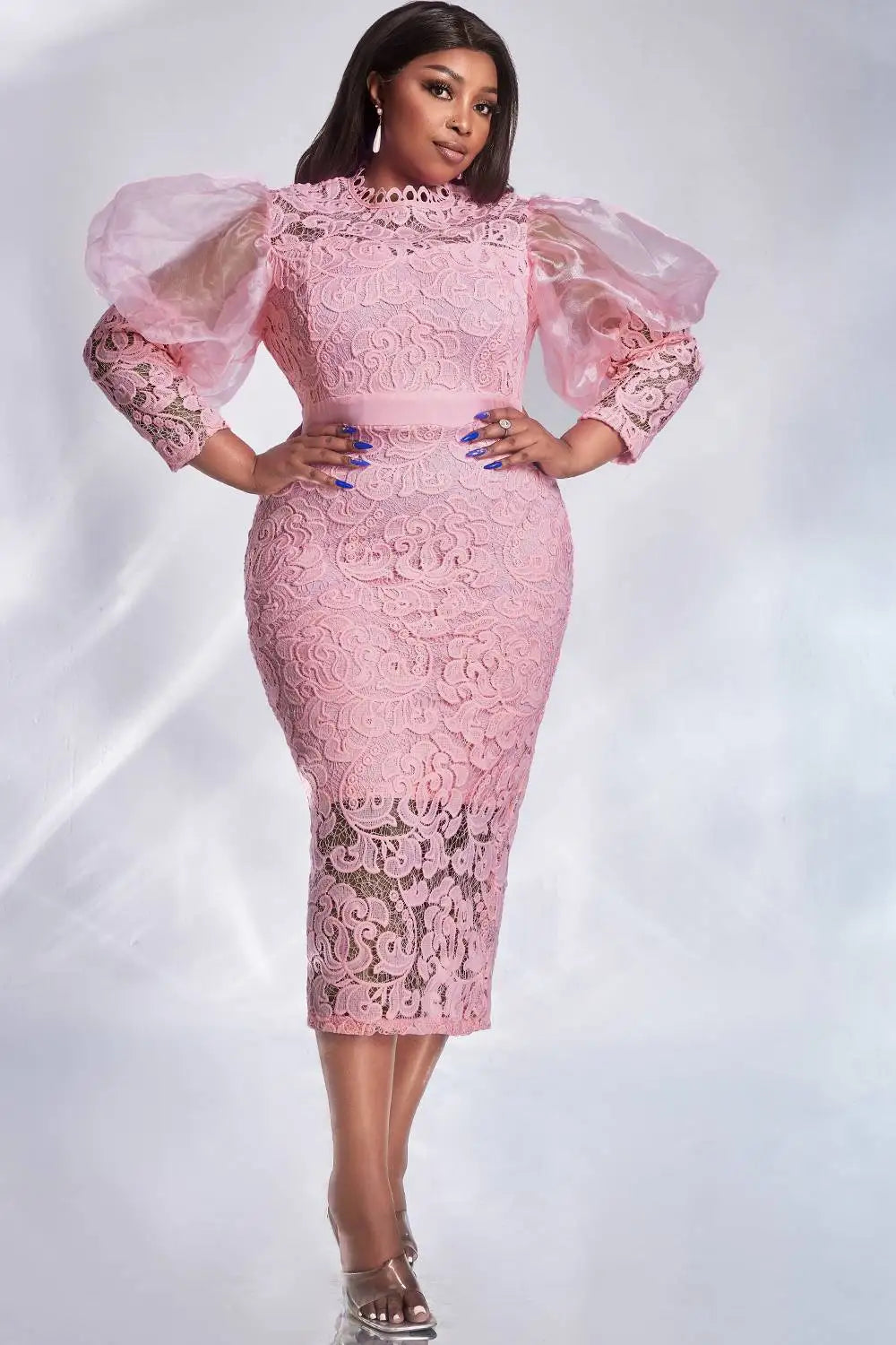 Women Plus Size Formal Dress Pink Lace Puff Sleeve See-Through Midi Dress Elegant Sweet Wedding Guest Cocktail Bodycon Dresses