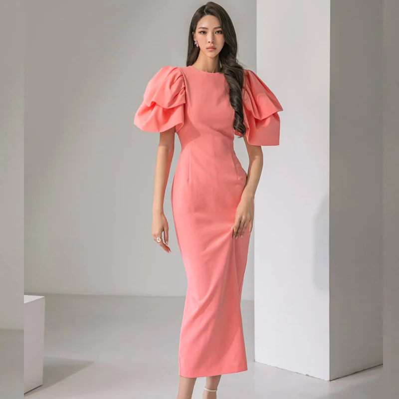 2023 Summer Formal Pink Simple Style Lotus Sleeve Dresses Fashion Elegant Slim Bodycon Party Club Dress