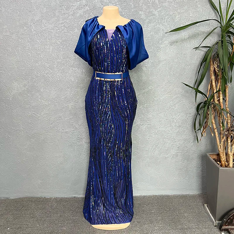 African Wedding Dresses For Women Ruffle Short Sleeve Party Long Sequin Dress Bodycon Pencil Curve Formal Ankara Evening Gowns