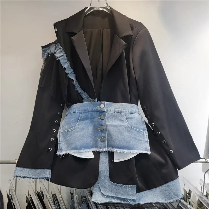 Women Irregular Hollow Out Spliced Lace Ruffles Suit Jacket Mesh Ruched Blazer Coat Cardigan Lace Up Sleeve Tops with Denim Belt