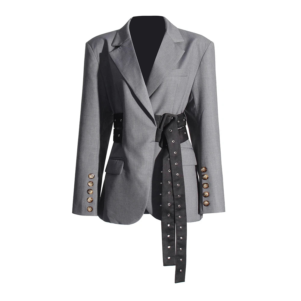 ROMISS Solid Temperament Spliced Belt Blazer For Women Notched Collar Long Sleeve Patchwork Button Elegant Blazers Female