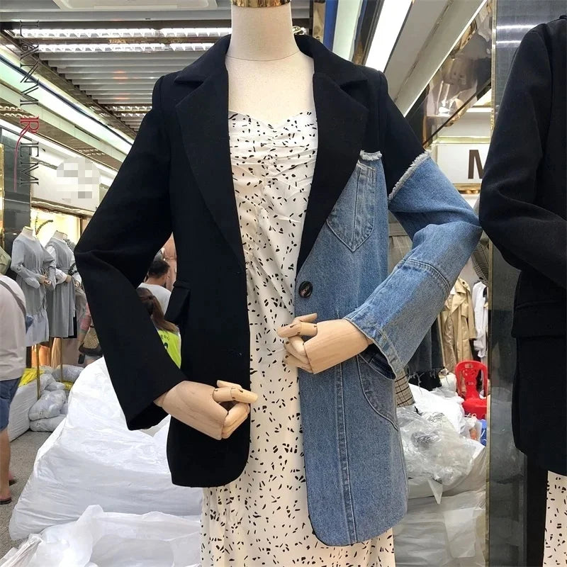 Spring 2025 Loose Blazer Stitching Denim Coat Irregular Single Breasted Color Block Jacket Female Fashion Coats 2A04505