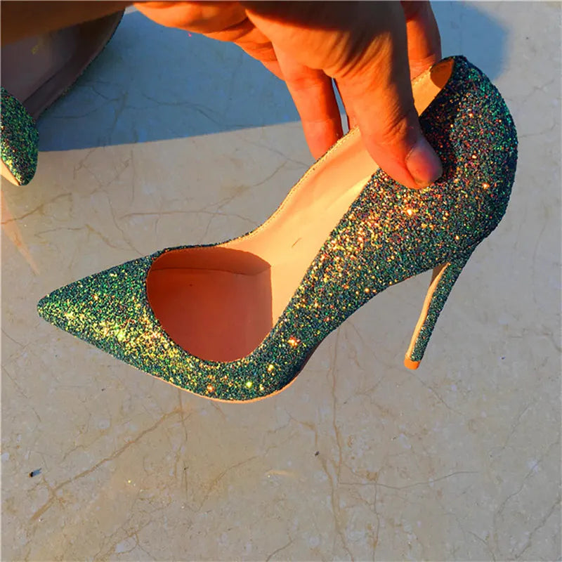 Tikicup Green Shiny Sequins Women Pointy Toe High Heels Slip On Stiletto Pumps for Elegant Ladies Chic Wedding Party Dress Shoes