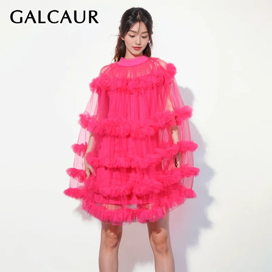 GALCAUR Patchwork Sheer Mesh Dress For Women Stand Collar Long Sleeve High Waist Loose Solid Temperament A Line Dresses Female