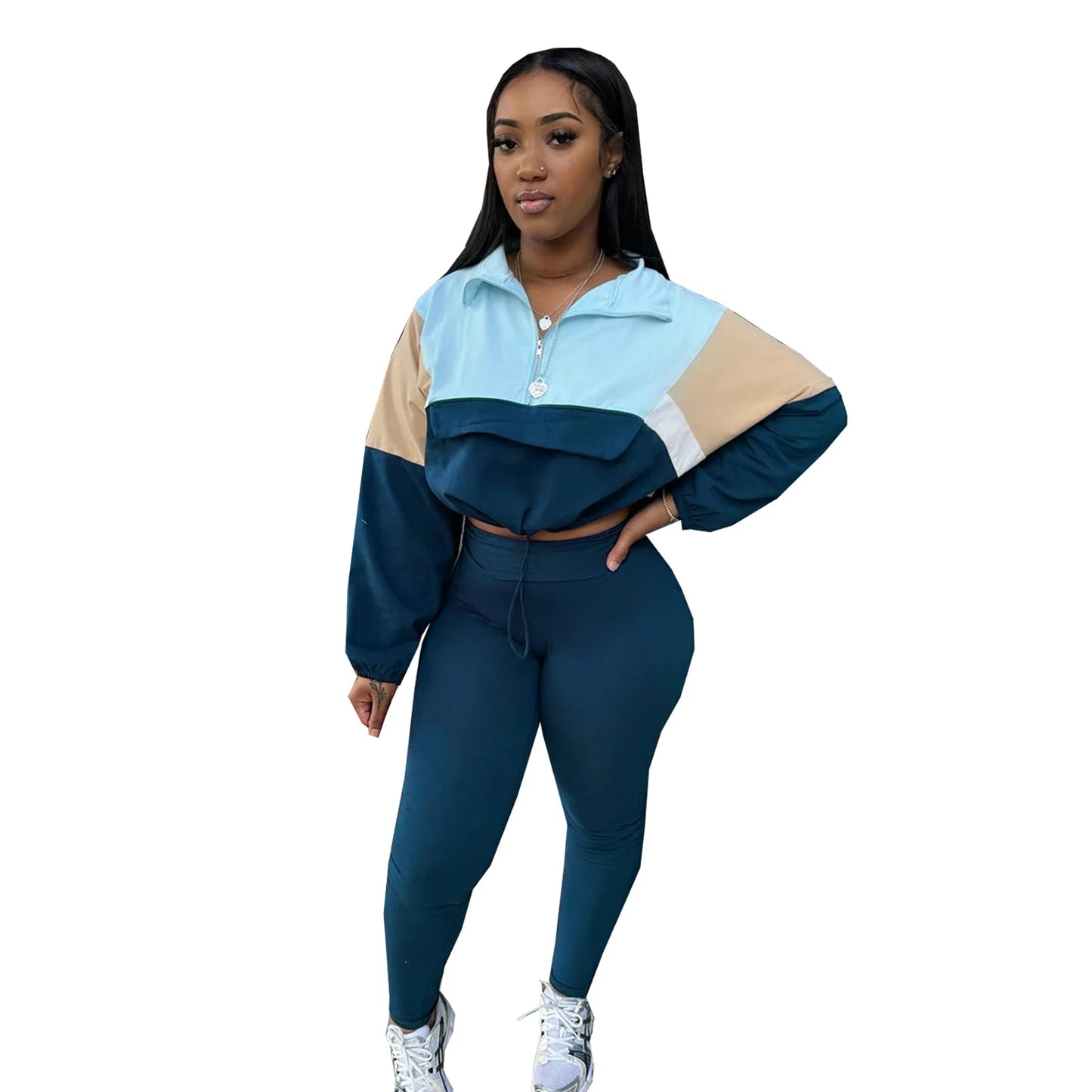 Women Tracksuit Autumn Contrast Color Crop Top Sweatshirt And High Waist Tight Leggings Jogger Set Sports Casual Two Piece Set