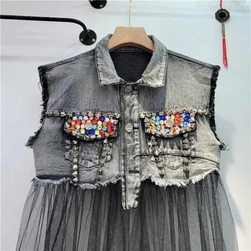 Blue Dark Grey Rivet Diamonds Denim Vest Women Slim Cowboy Waistcoat Mesh Splicing Mid Long Sleeveless Jeans Jacket Coat Female