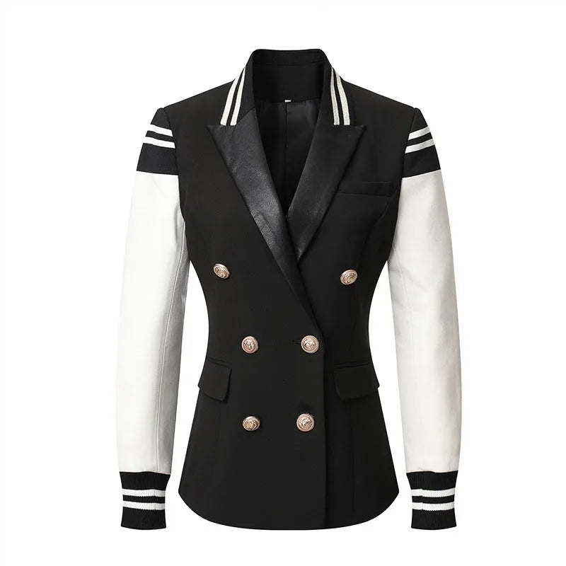 Autumn Chic Leather Collar Spliced Double Breasted Blazer Women Lapel Suits Plus Size Coats Black Blazers British Jackets Slim