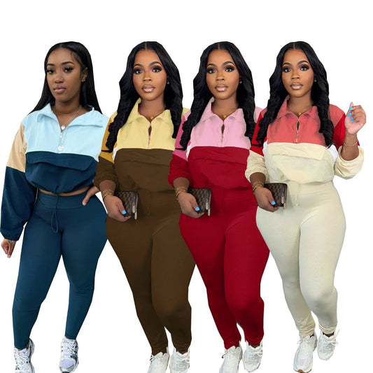 Women Tracksuit Autumn Contrast Color Crop Top Sweatshirt And High Waist Tight Leggings Jogger Set Sports Casual Two Piece Set