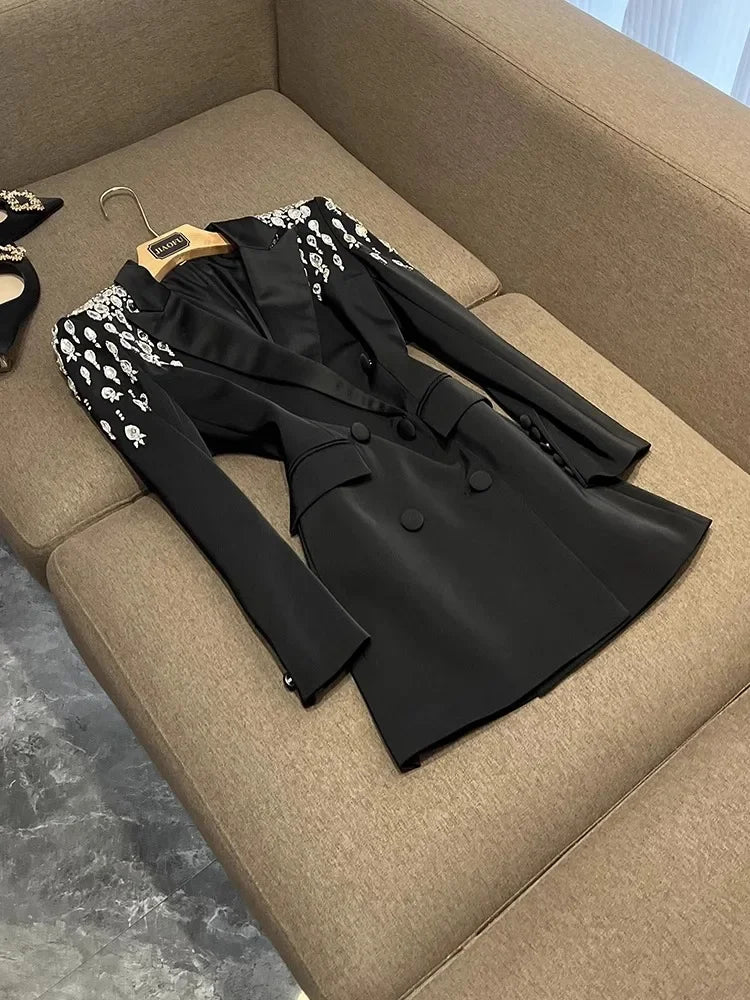 TWOTWINSTYLE Patchwork Diamonds Slim Blazers For Women Notched Collar Long Sleeve Spliced Button Luxury Coats Female YJA110551